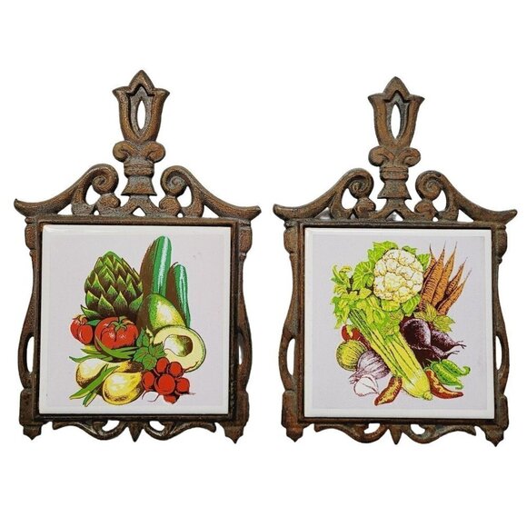 Vintage Prince Cast Iron Ceramic Trivets Vegetables Kitchen Wall Home Decor - Picture 1 of 9